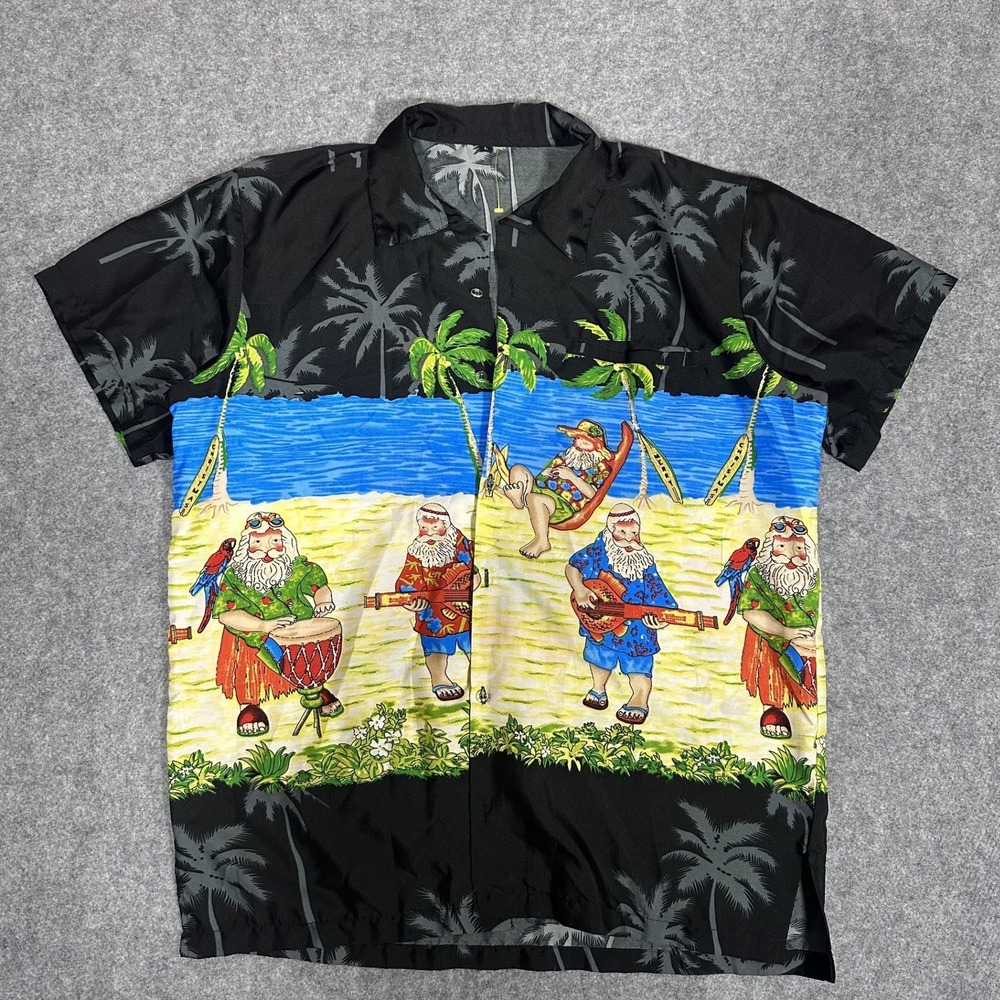 Unbranded Tropical Santa Hawaiian Button Down Shirt Large Black Beach Print